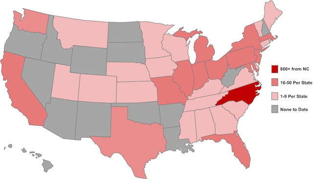 Map of the United States showing the distribution of participants per state. North Caroling has the most with over 800 participants.